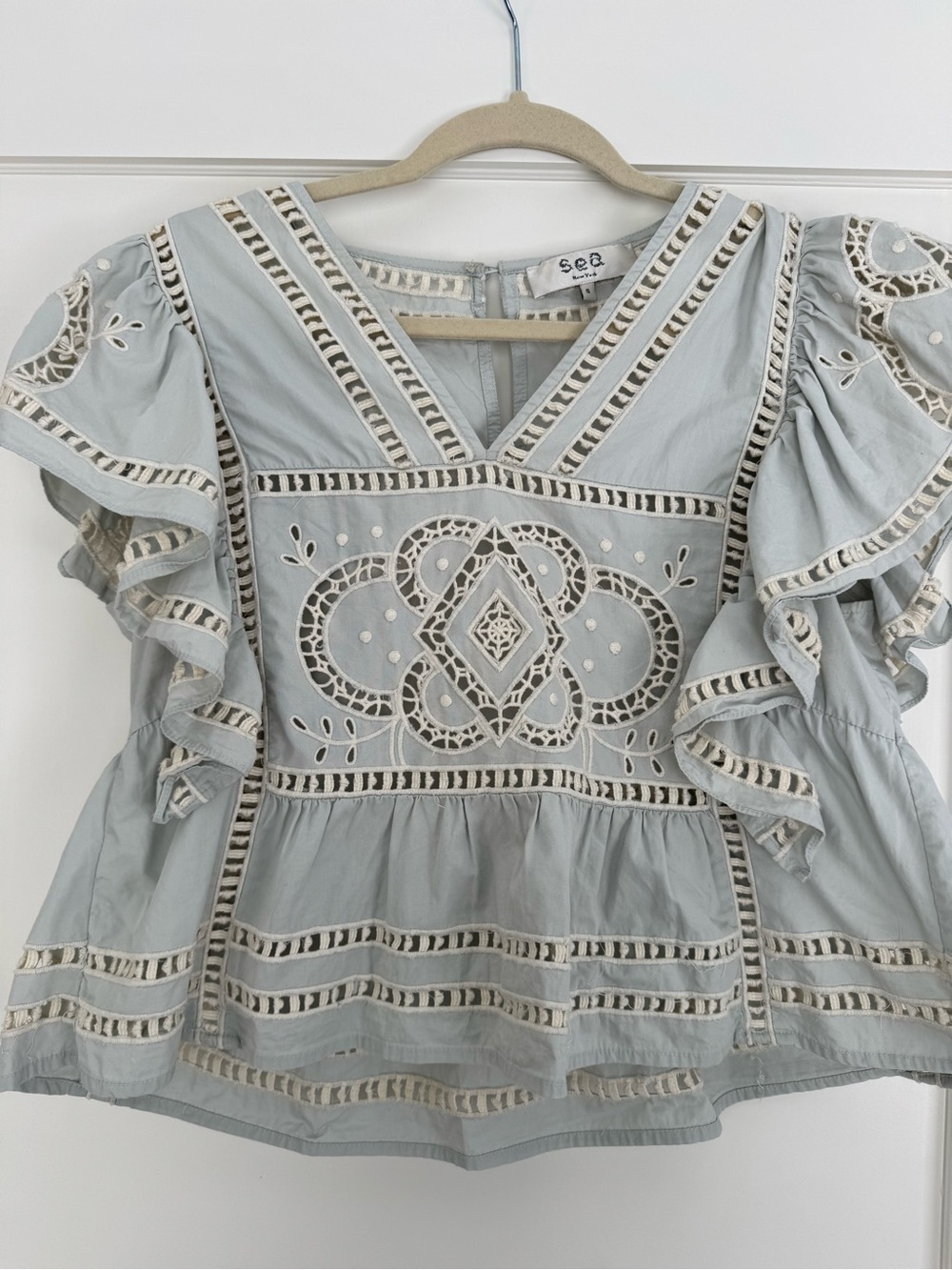 Sea New York Blaire Eyelet Embroidered Flutter Sleeve Top in Pale Blue - Picture 4 of 8